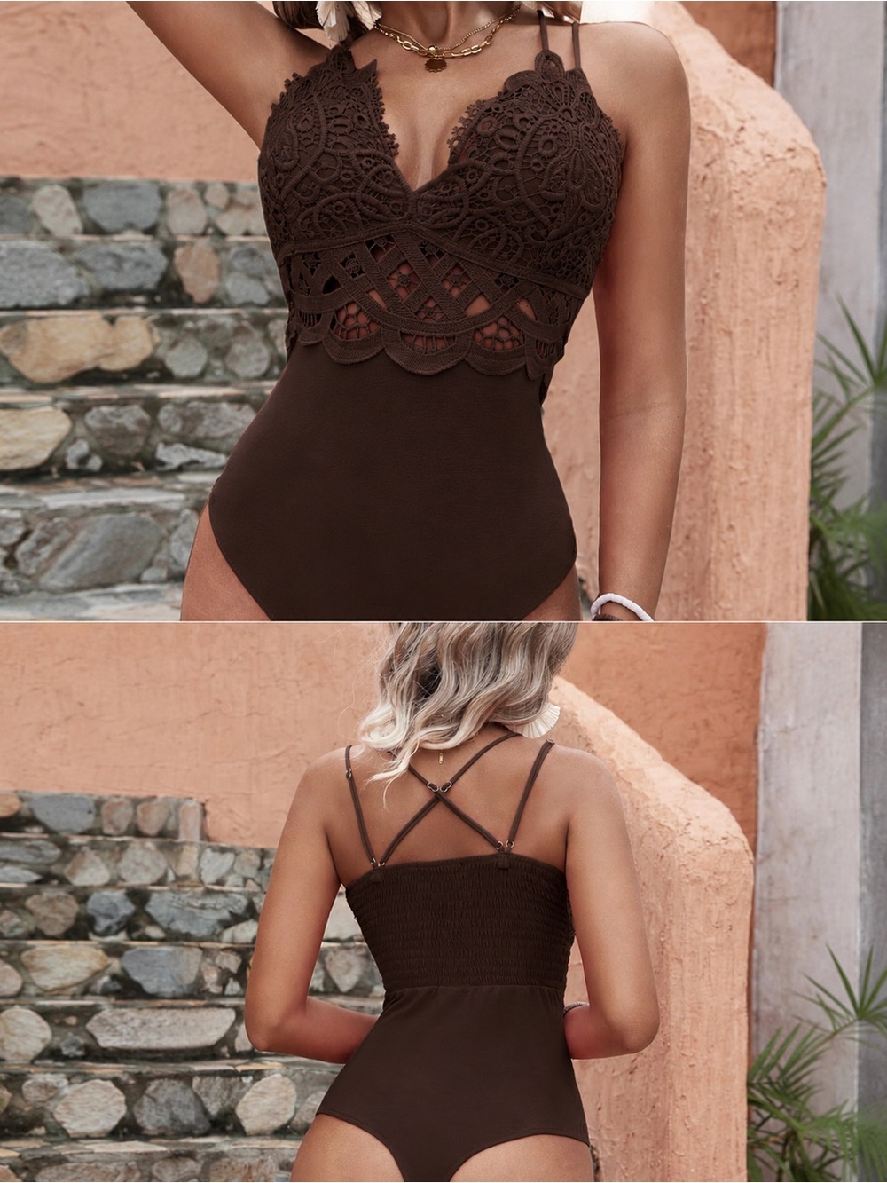 Lace-Trim Brown Chemise Bodysuit with Crochet Accents